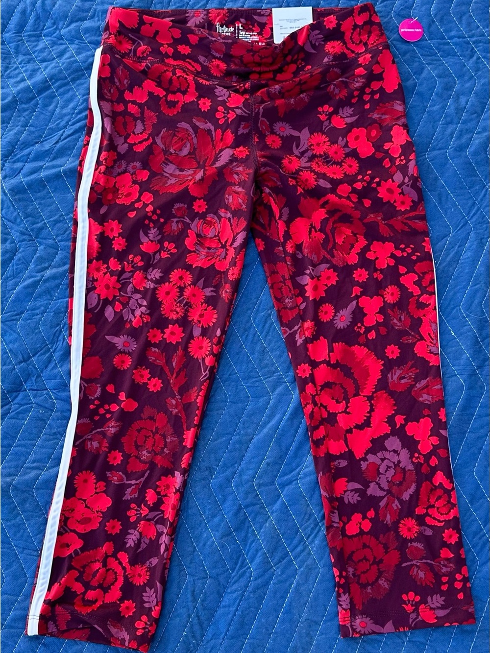 flirtitude Red Floral Capri Leggings with White Side Stripe